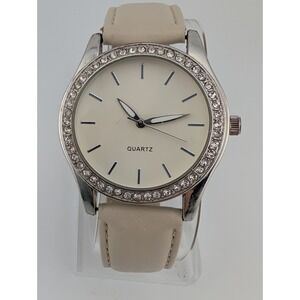Accutime Watch Women 40mm Case Crystal Bezel White Faux Leather Band New Battery